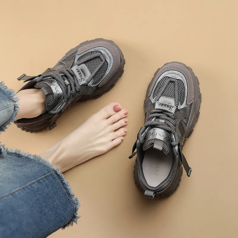 FOXER Abrasion Resistant, Lightweight, And Breathable Low Top Chunky Sneakers Women's Gray-6