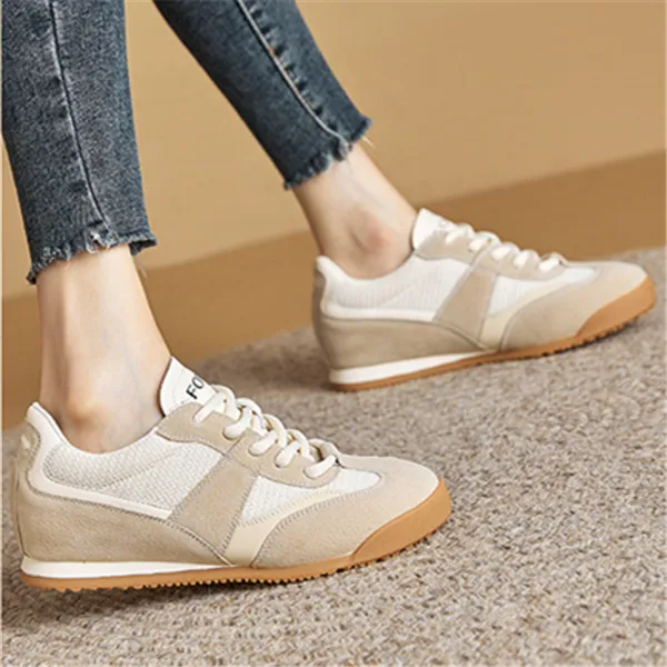 FOXER Cushioning Abrasion Resistant Lightweight Height Increasing Mat Low Top Casual Shoes Women's Beige Brown-4
