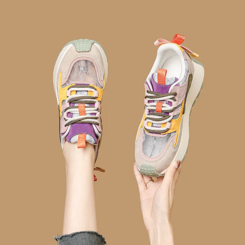 FOXER Cushioning Abrasion Resistant Lightweight Height Increasing Mat Low Top Chunky Sneakers Women's Beige/Pink/Yellow-10