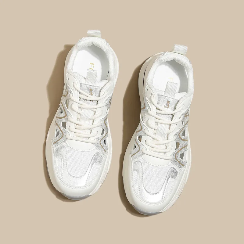 FOXER Slip Resistant, Abrasion Resistant, Breathable Low Top Chunky Sneakers Women's Beige Silver-3