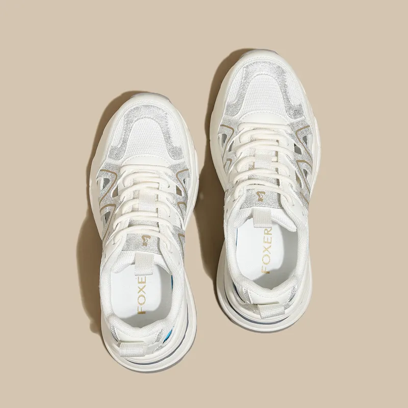 FOXER Slip Resistant, Abrasion Resistant, Breathable Low Top Chunky Sneakers Women's Beige Silver-4