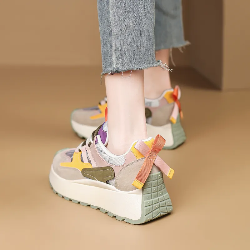 FOXER Cushioning Abrasion Resistant Lightweight Height Increasing Mat Low Top Chunky Sneakers Women's Beige/Pink/Yellow-11