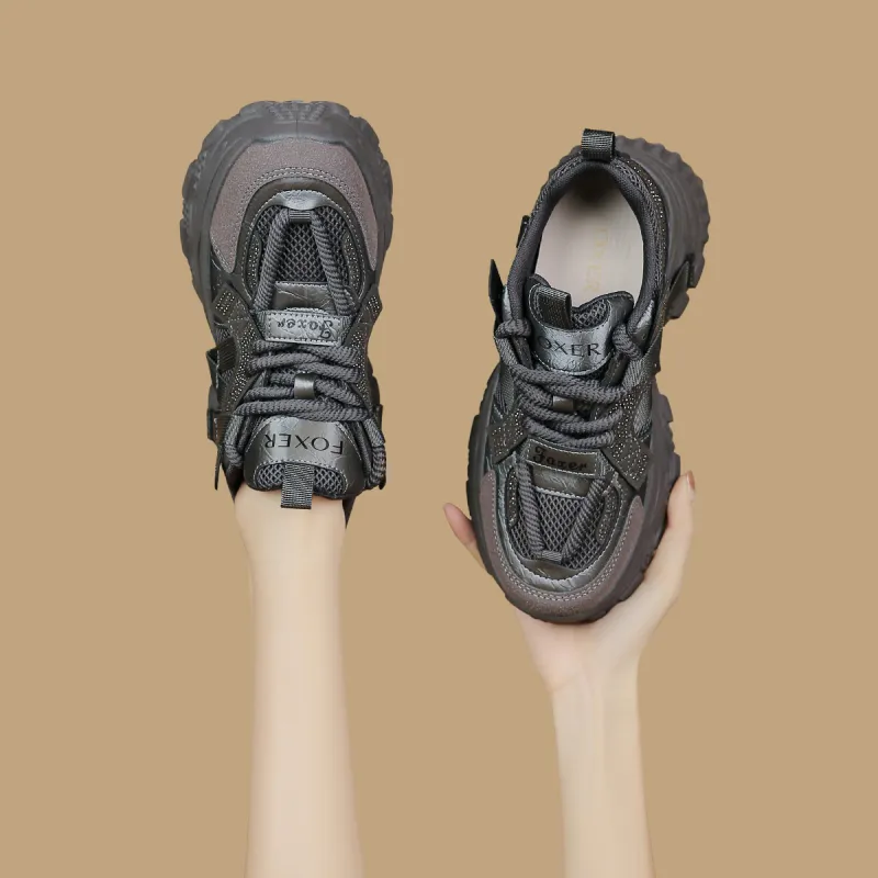 FOXER Abrasion Resistant, Lightweight, And Breathable Low Top Chunky Sneakers Women's Gray-5