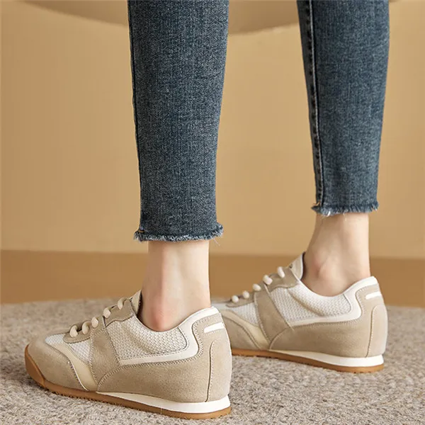 FOXER Cushioning Abrasion Resistant Lightweight Height Increasing Mat Low Top Casual Shoes Women's Beige Brown-5