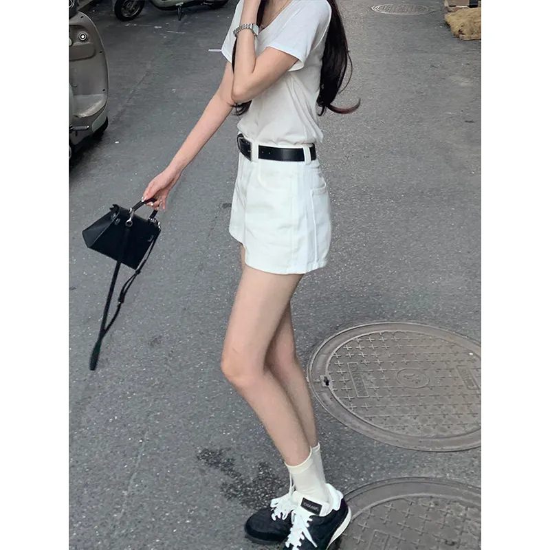 HNUF Denim Shorts Women's White Short Skirt Pants+Red Heart Gift Box-4
