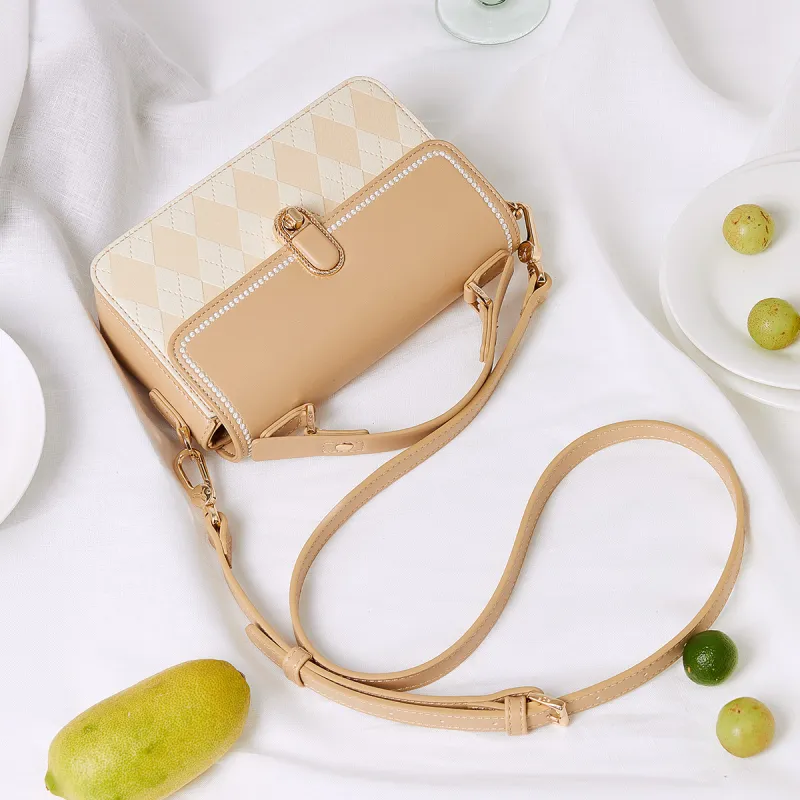RED DRAGONFLY PU Rhombus Elegance Fashion Versatile One Shoulder Handbag Regular Women's Apricot-3