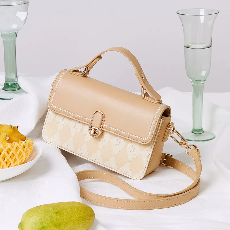RED DRAGONFLY PU Rhombus Elegance Fashion Versatile One Shoulder Handbag Regular Women's Apricot-1