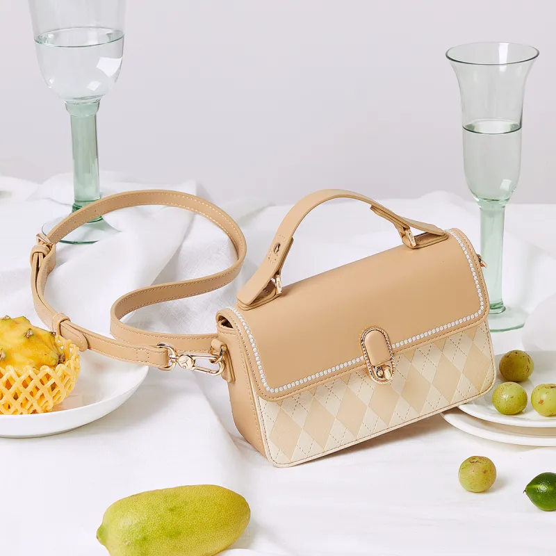 RED DRAGONFLY PU Rhombus Elegance Fashion Versatile One Shoulder Handbag Regular Women's Apricot-2