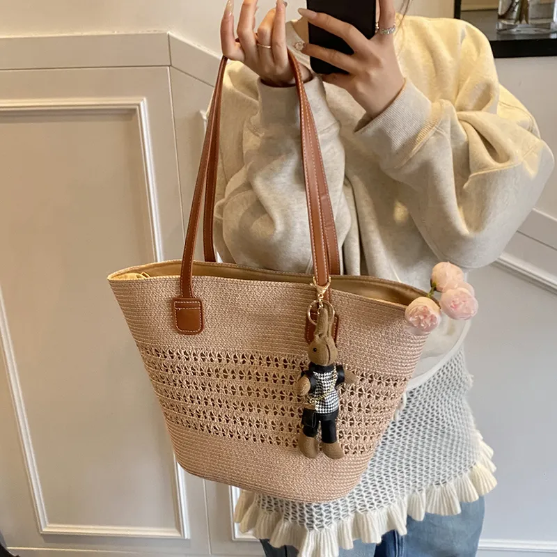 Yalu Straw Woven Basket Bag Shoulder Bag Women's Ecru/Khaki/Pink-13
