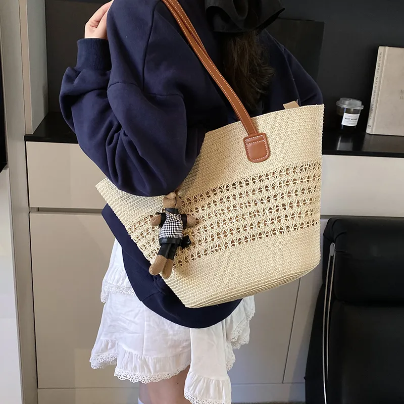 Yalu Straw Woven Basket Bag Shoulder Bag Women's Ecru/Khaki/Pink-3