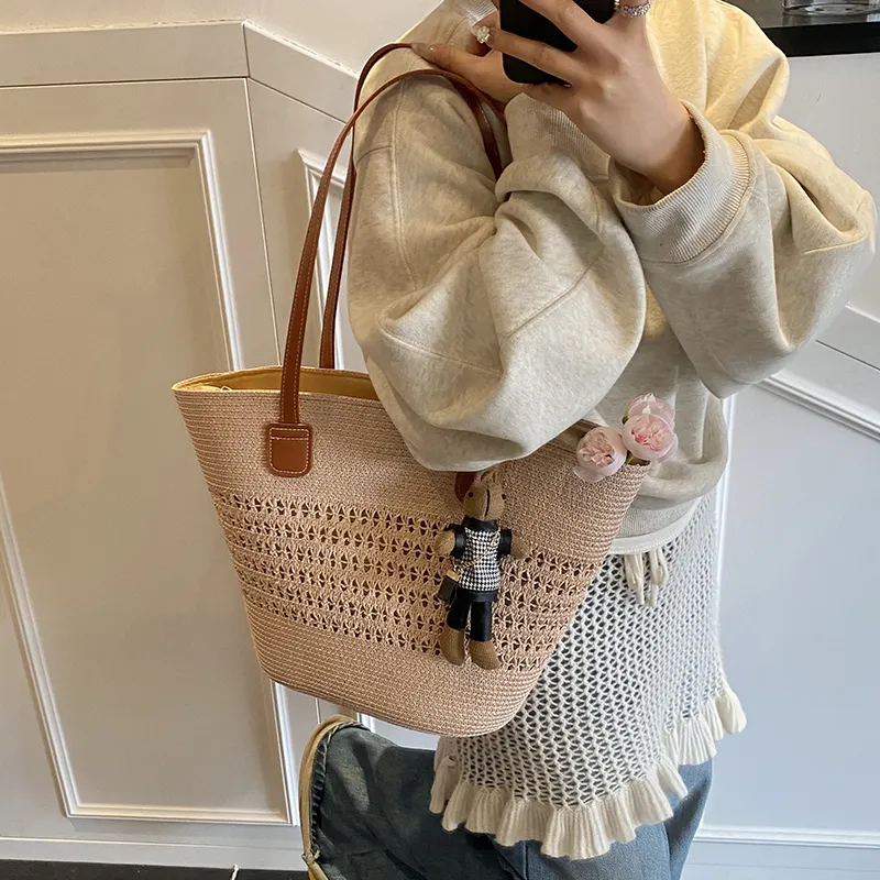 Yalu Straw Woven Basket Bag Shoulder Bag Women's Ecru/Khaki/Pink-16