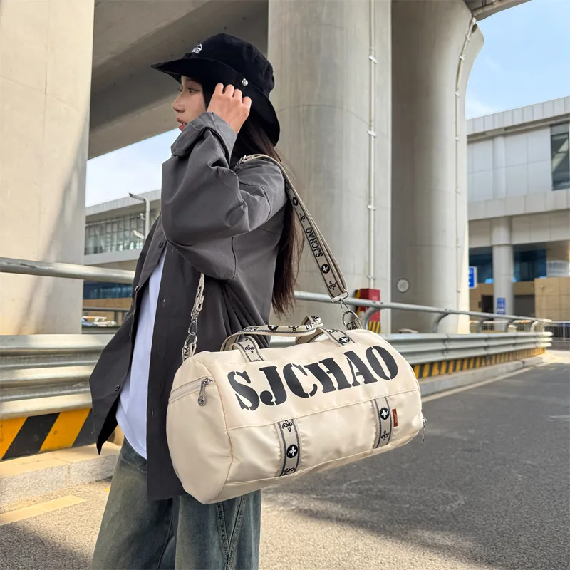 Yalu Nylon Shoulder Bag, Travel Bag Unisex Ecru/Gray/Black/Ecru & Purple-1