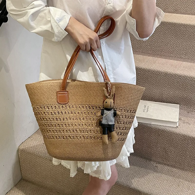 Yalu Straw Woven Basket Bag Shoulder Bag Women's Ecru/Khaki/Pink-11
