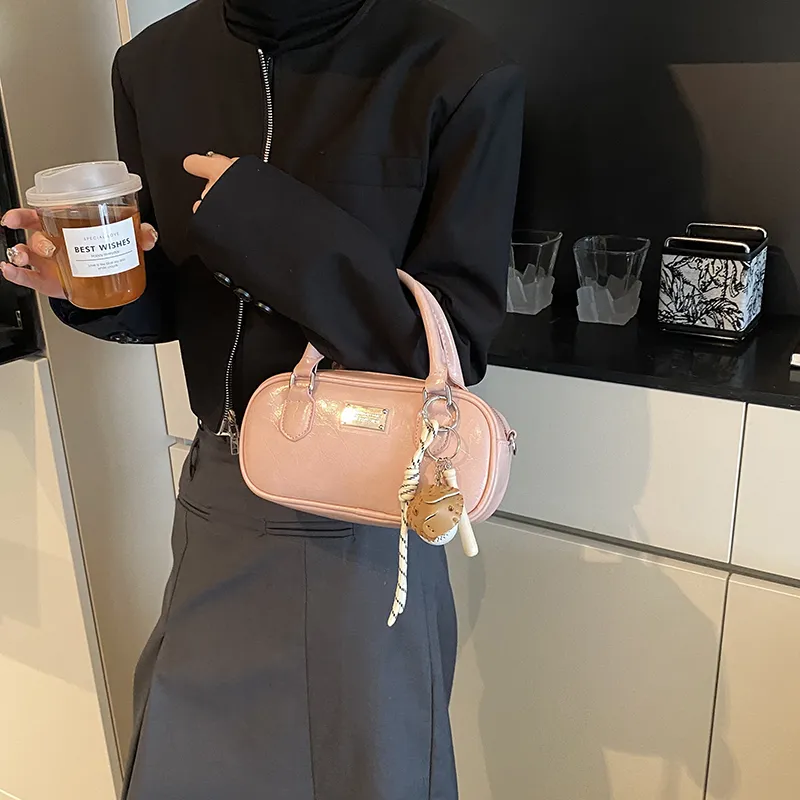 Yalu PU Shoulder Bag, Crossbody Bag, Handbag Unisex Ecru/Black/Pink-4