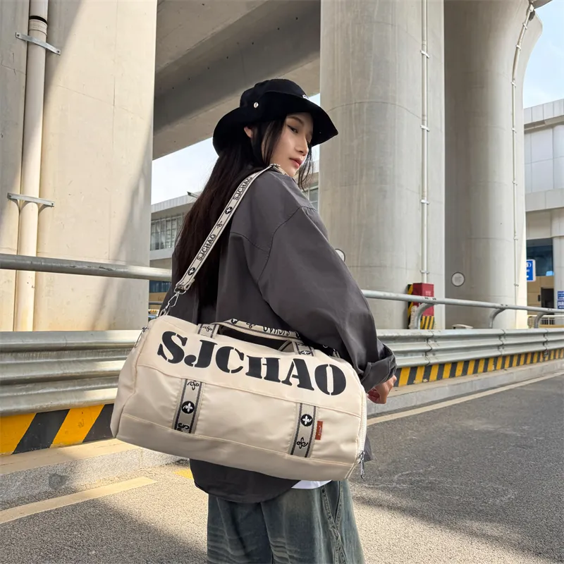 Yalu Nylon Shoulder Bag, Travel Bag Unisex Ecru/Gray/Black/Ecru & Purple-3