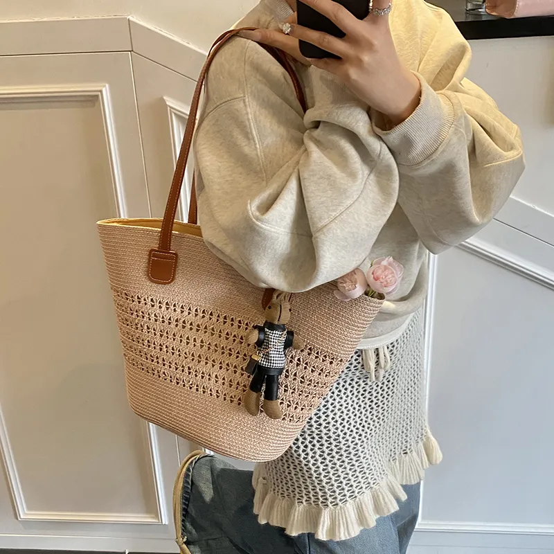Yalu Straw Woven Basket Bag Shoulder Bag Women's Ecru/Khaki/Pink-15