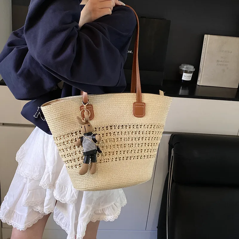 Yalu Straw Woven Basket Bag Shoulder Bag Women's Ecru/Khaki/Pink-4