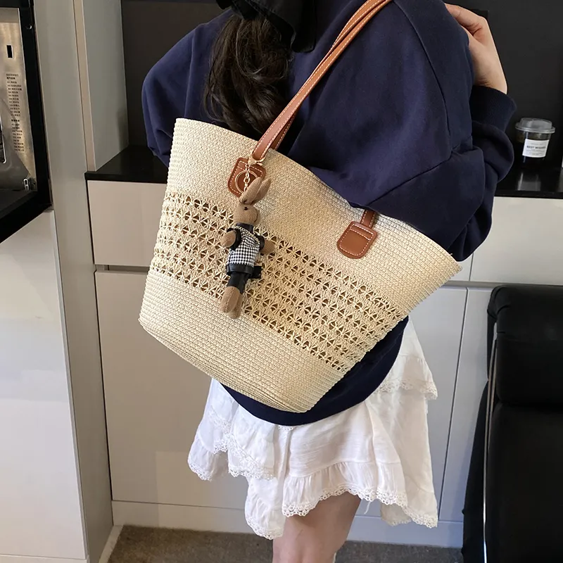 Yalu Straw Woven Basket Bag Shoulder Bag Women's Ecru/Khaki/Pink-5