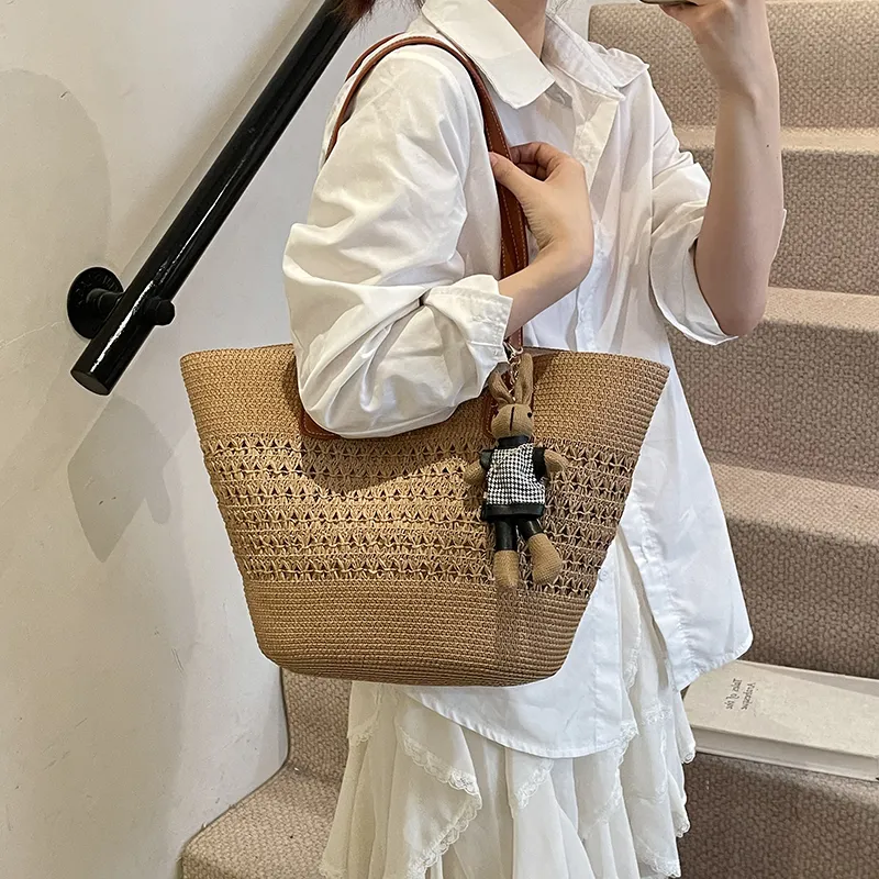 Yalu Straw Woven Basket Bag Shoulder Bag Women's Ecru/Khaki/Pink-7