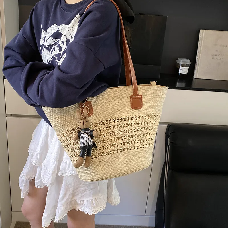 Yalu Straw Woven Basket Bag Shoulder Bag Women's Ecru/Khaki/Pink-2
