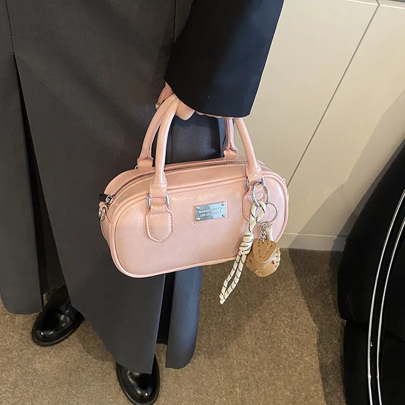 Yalu PU Shoulder Bag, Crossbody Bag, Handbag Unisex Ecru/Black/Pink-2