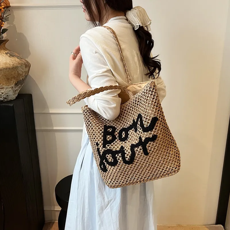 Yalu Straw Woven Shoulder Bag, Crossbody Bag Unisex Khaki & Black/Khaki & Beige/Ecru & Brown/Ecru & Black-8