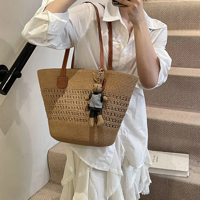 Yalu Straw Woven Basket Bag Shoulder Bag Women's Ecru/Khaki/Pink-8