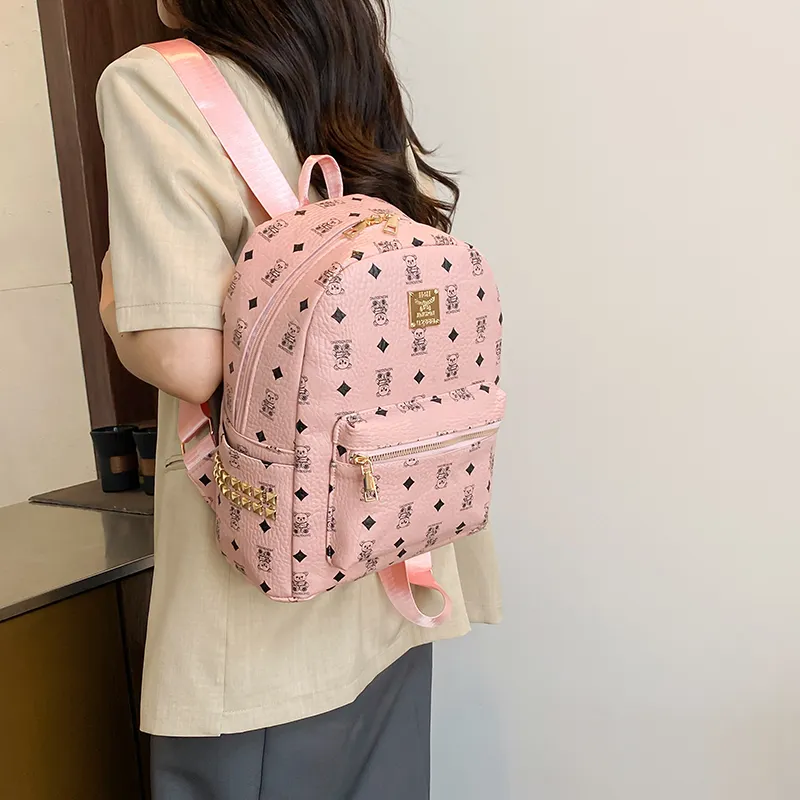 Yalu PU Backpack Regular Women's Ecru/Brown/Pink-14