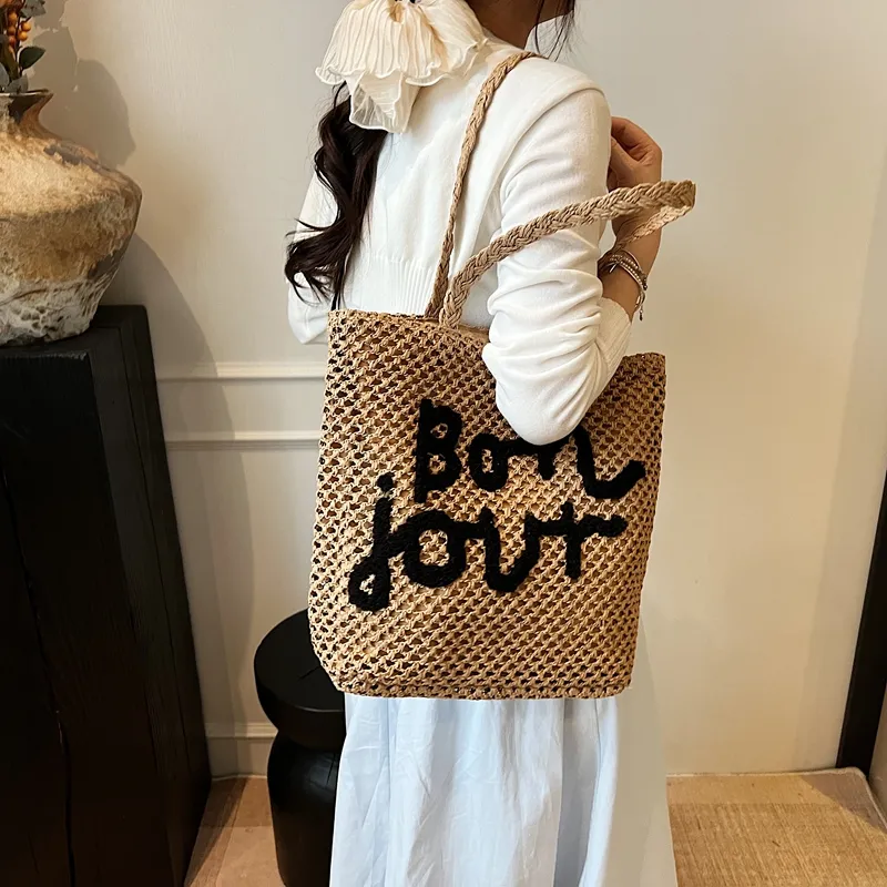 Yalu Straw Woven Shoulder Bag, Crossbody Bag Unisex Khaki & Black/Khaki & Beige/Ecru & Brown/Ecru & Black-19