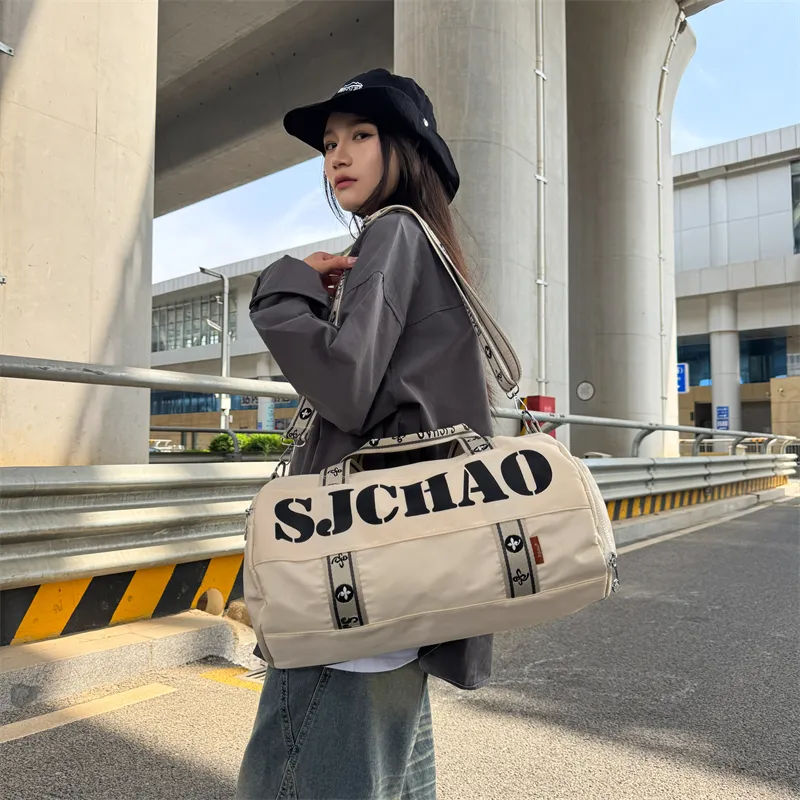 Yalu Nylon Shoulder Bag, Travel Bag Unisex Ecru/Gray/Black/Ecru & Purple-2