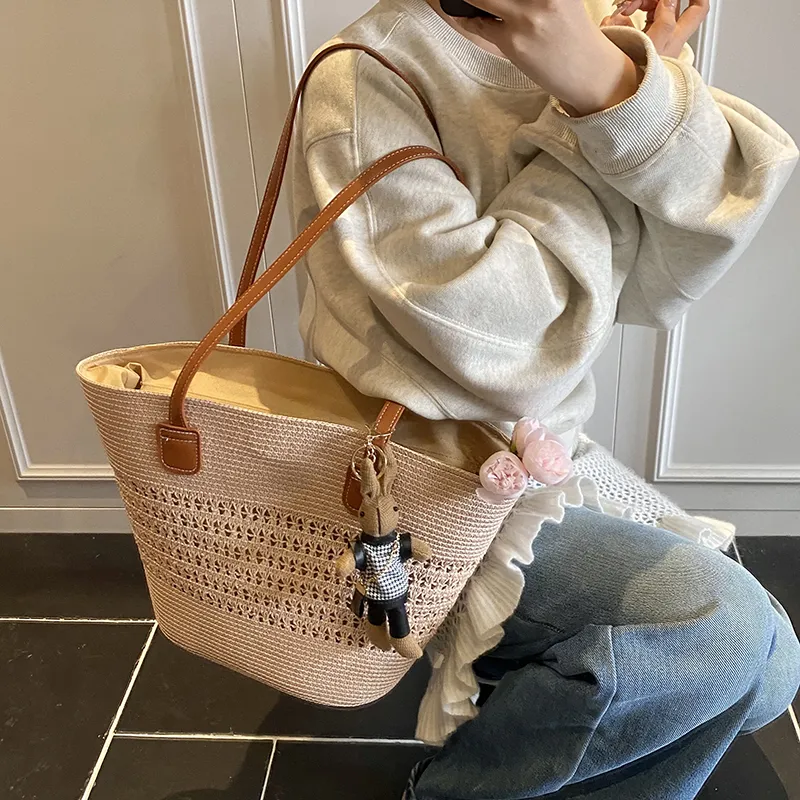 Yalu Straw Woven Basket Bag Shoulder Bag Women's Ecru/Khaki/Pink-17