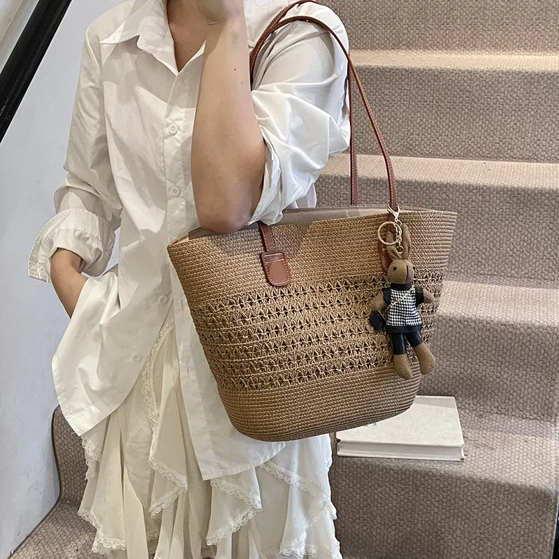 Yalu Straw Woven Basket Bag Shoulder Bag Women's Ecru/Khaki/Pink-9