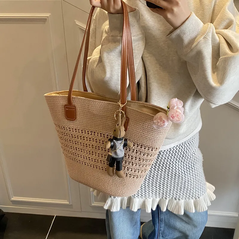 Yalu Straw Woven Basket Bag Shoulder Bag Women's Ecru/Khaki/Pink-14