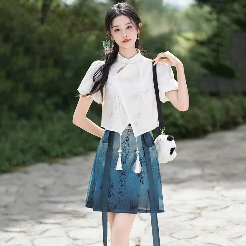 SONDR Hanfu Women's Blue Print Mamianqun Short Skirt-5