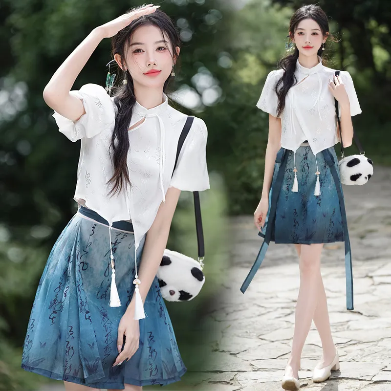 SONDR Hanfu Women's Blue Print Mamianqun Short Skirt-4