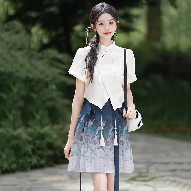 SONDR Hanfu Women's Blue Print Mamianqun-4