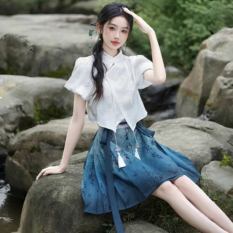 SONDR Hanfu Women's Blue Print Mamianqun Short Skirt-2