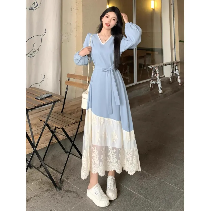 FEIERDAOSHANGDEMAO Long Sleeved Dresses Women's Blue-2