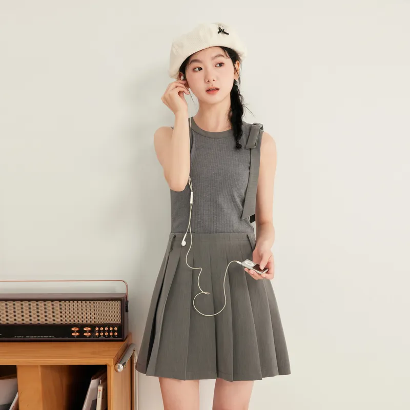 ZIHAN Sleeveless Dress Women's Preppy Gray-2