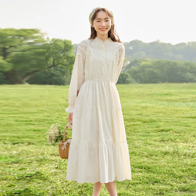 ZIHAN Long Sleeved Dress Women's Beige Gold-4