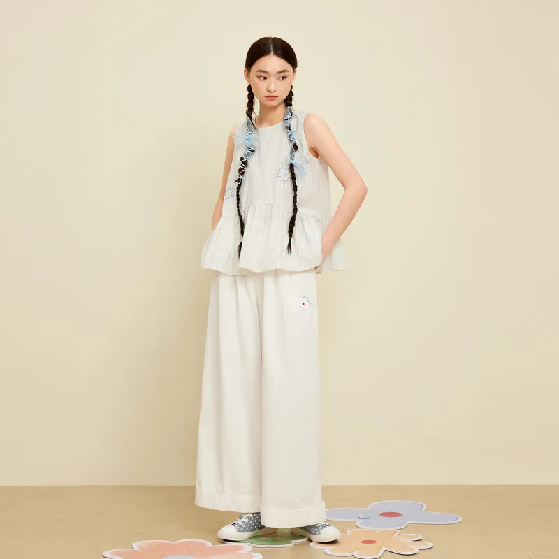 ZIHAN Casual Suit Women's White Base With Blue Stripes-4