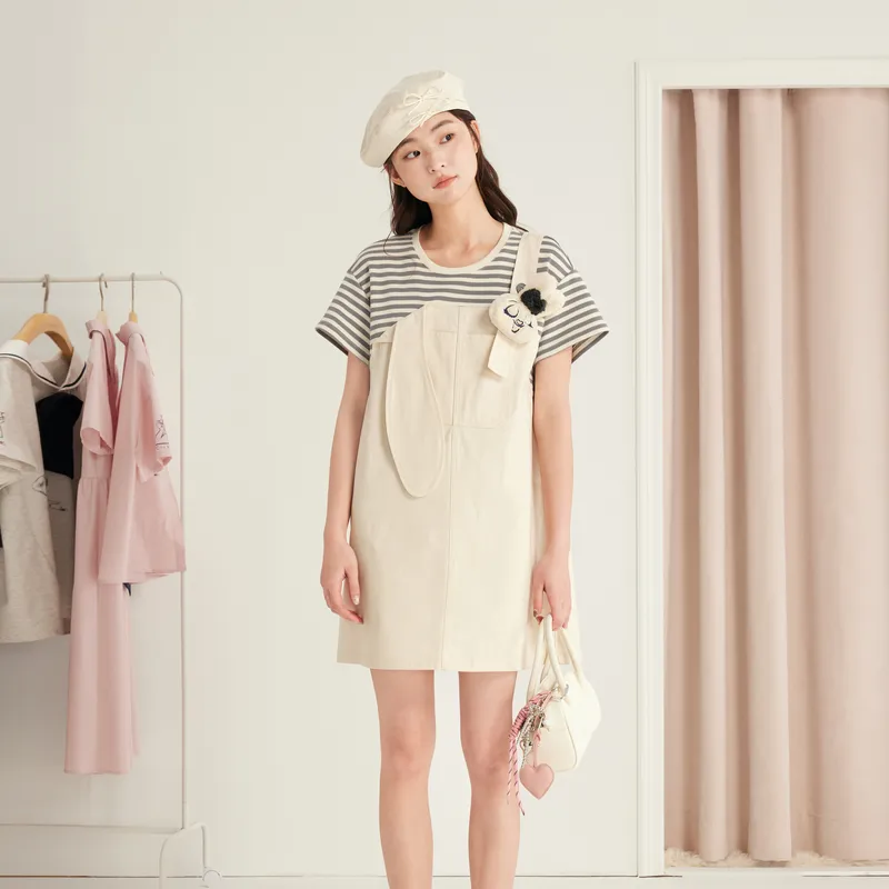 ZIHAN Short Sleeved Dresses Women's Gray Stripes-2