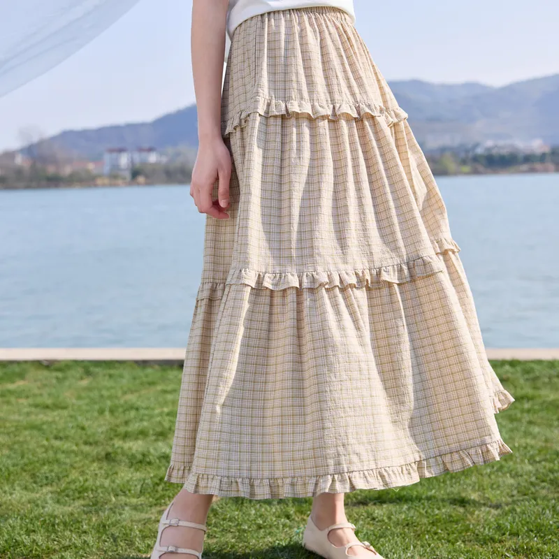 ZIHAN Casual Long Skirt Women's Small Green Plaid-3