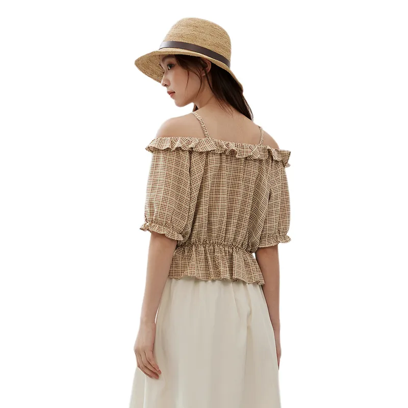 ZIHAN T Shirts Women's Beige Base Coffee Plaid-1