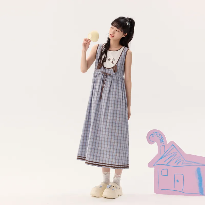 ZIHAN Sleeveless Dress Women's Blue Coffee Plaid-3