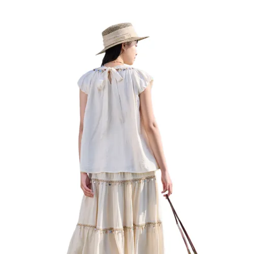 ZIHAN Flutter Sleeve T Shirt Women's Beige