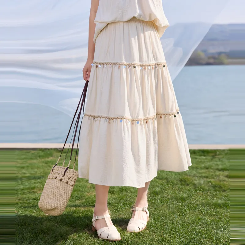 ZIHAN Casual Long Skirt Women's Beige-3