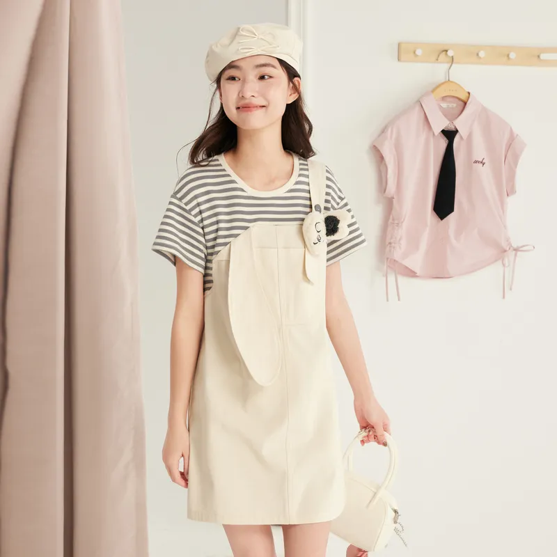 ZIHAN Short Sleeved Dresses Women's Gray Stripes-3
