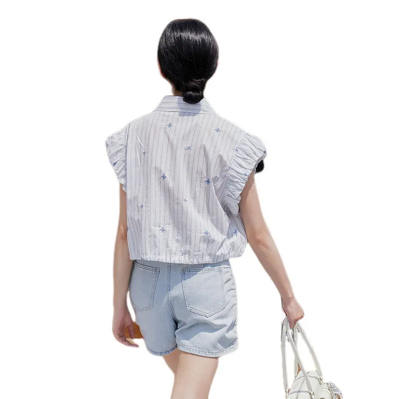 ZIHAN Shirts Women's White Base Blue Stripes-1