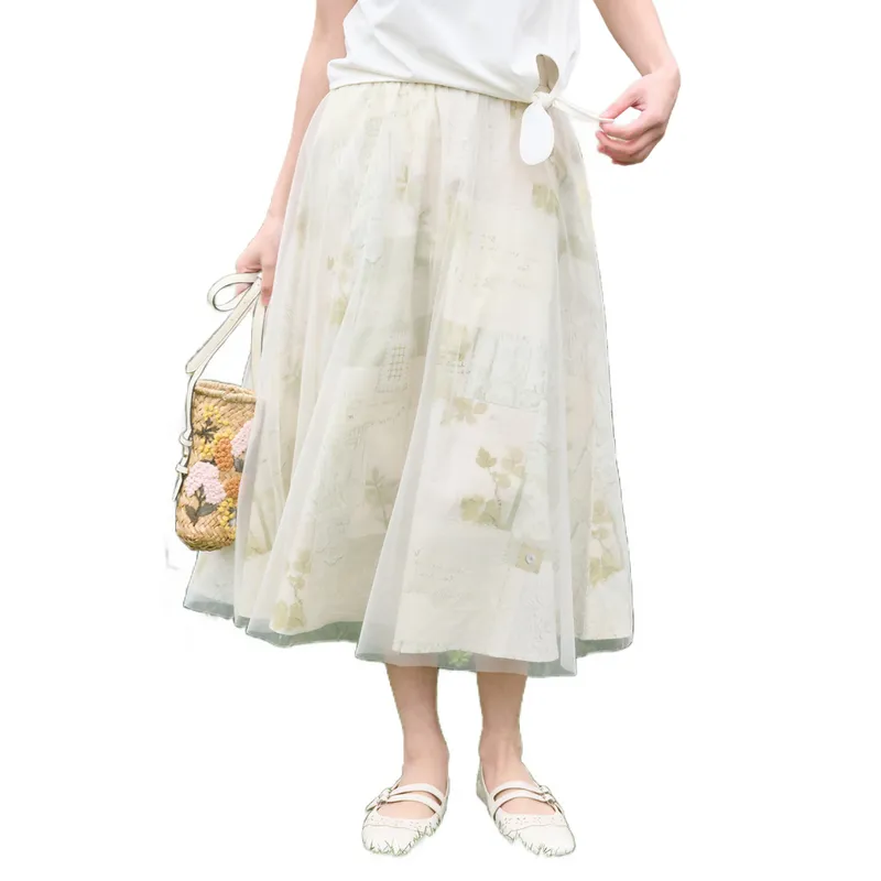 ZIHAN Casual Long Skirt Women's Green With Print-1